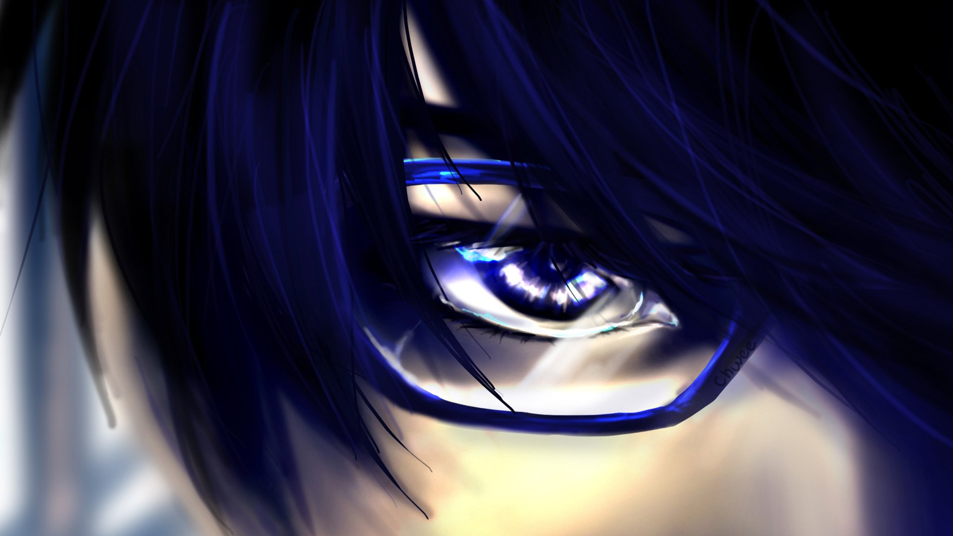 HD desktop wallpaper featuring an intense close-up of an eye from the anime Zankyou No Terror, detailed with rich colors and intricate details around the glasses.