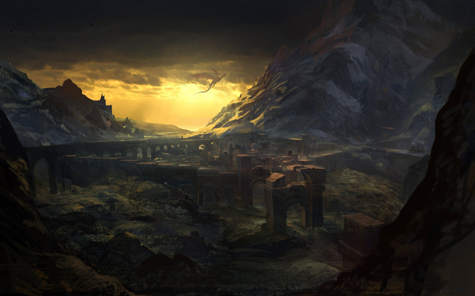 HD PC desktop wallpaper featuring a dark, atmospheric landscape from the video game The Witcher 2: Assassins of Kings, showcasing a castle at sunset.