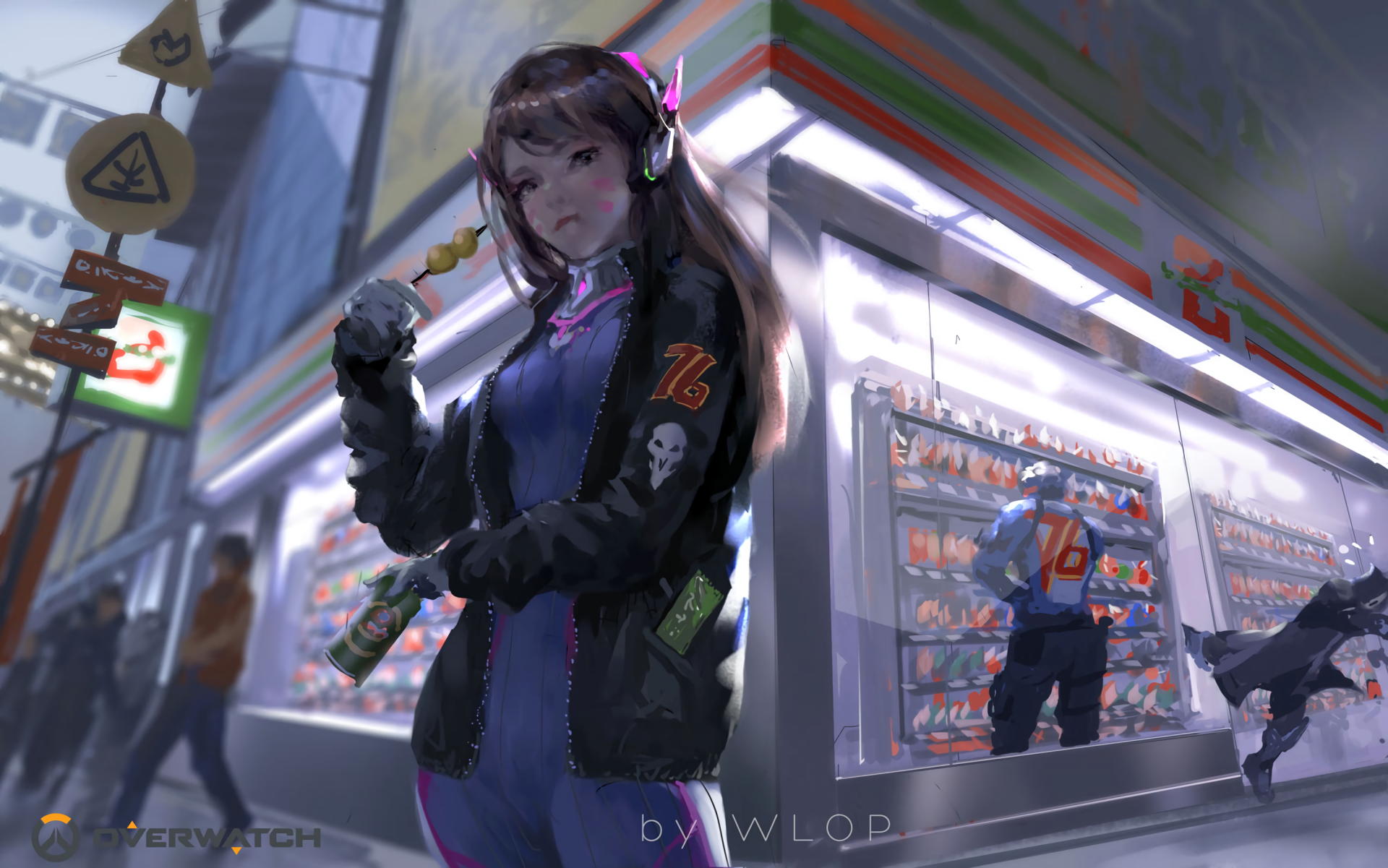 HD desktop wallpaper featuring Overwatch characters Reaper, Soldier: 76, and D.Va in a vibrant urban setting with a futuristic store backdrop, blending detailed artwork with game-themed aesthetics.