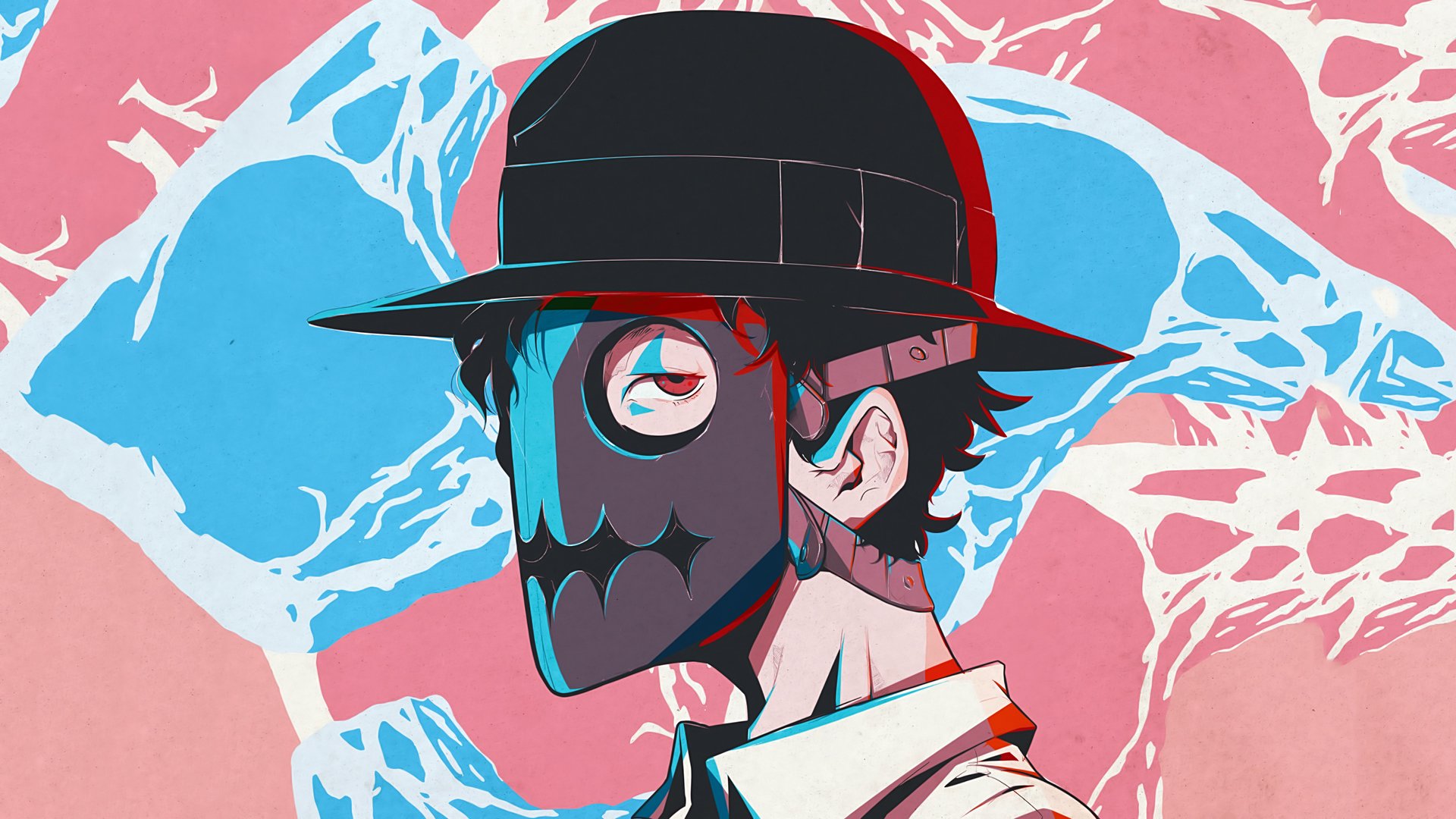 An HD PC desktop wallpaper featuring an anime character from Tokyo Ghoul, depicted with a mask and hat against a vibrant background of blue and pink abstract shapes.
