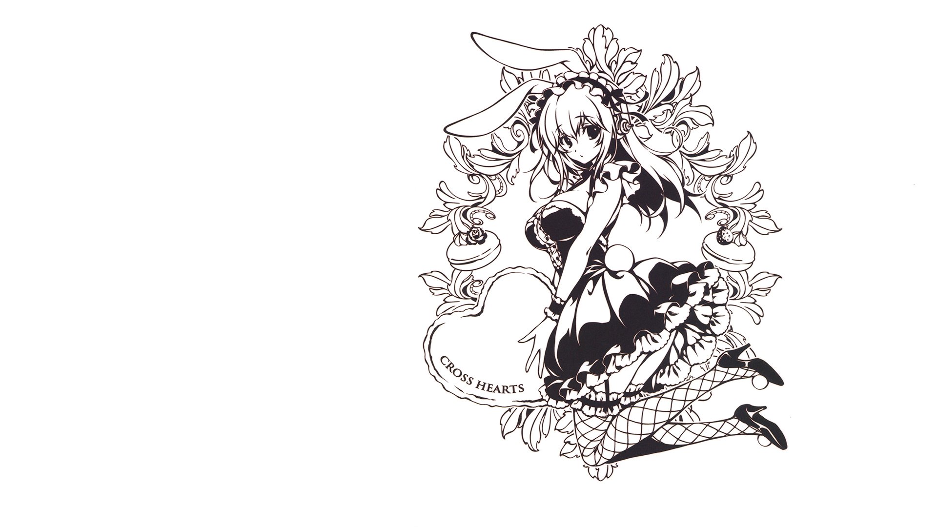 Monochrome line-art HD PC desktop wallpaper of anime character Super Sonico in a bunny-themed frilly outfit and fishnet stockings, posed amid decorative flowers on a white background.