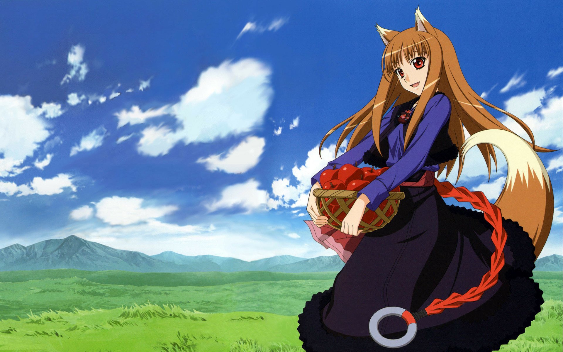 HD anime desktop wallpaper featuring Holo from Spice & Wolf, standing in a grassy field under a bright blue sky with scattered clouds.