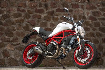 White-and-red Ducati Monster motorcycle against a stone wall — high-detail 4K Ultra HD PC desktop wallpaper/background showcasing the Ducati vehicle.
