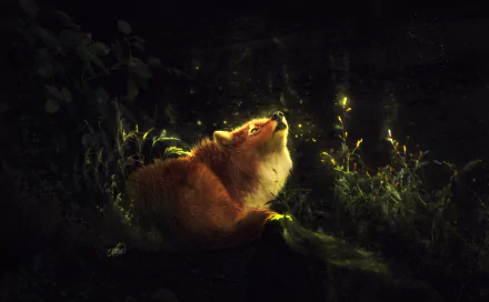 A fantasy-themed HD desktop wallpaper featuring a fox basking in a magical, glowing light in a lush, dark forest background.