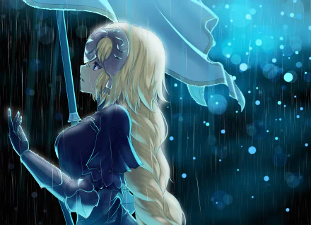 HD desktop wallpaper featuring Jeanne d'Arc from the Fate series, also known as Ruler in Fate/Grand Order. The anime depiction shows her standing in the rain with a sword, surrounded by a blue, atmospheric background.