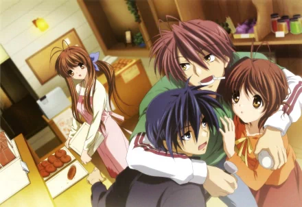 A vibrant HD wallpaper featuring characters from Clannad: Akio Furukawa, Sanae Furukawa, Tomoya Okazaki, and Nagisa Furukawa, set in a cozy shop backdrop.