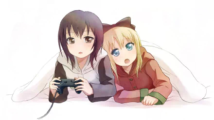 YuruYuri anime HD PC desktop wallpaper and background: two girls snuggled under a blanket sharing a game controller, soft pastel palette and warm, cozy lighting.