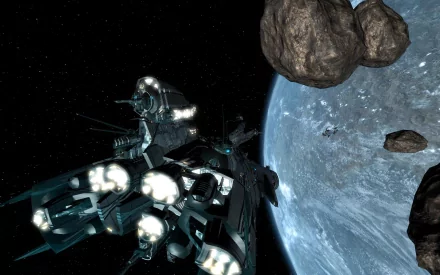 HD PC desktop wallpaper featuring a sci-fi spaceship navigating through an asteroid field near a blue planet in deep space.