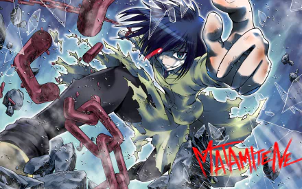 A high-definition desktop wallpaper featuring Tomoko Kuroki from the anime Watamote, depicted in a dynamic action pose amidst shattered glass and broken chains.