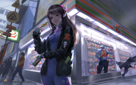 HD desktop wallpaper featuring Overwatch characters Reaper, Soldier: 76, and D.Va in a vibrant urban setting with a futuristic store backdrop, blending detailed artwork with game-themed aesthetics.