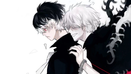 HD desktop wallpaper featuring characters Ken Kaneki and Haise Sasaki from Tokyo Ghoul. They have two-toned hair, red eyes, and are seen with cuffs and Kagune in a dynamic anime art style from Tokyo Ghoul:re.