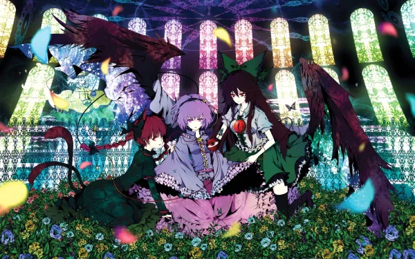 HD Touhou desktop wallpaper of Rin Kaenbyou, Satori Komeiji and Utsuho Reiuji in a stained-glass cathedral, surrounded by flowers and glowing butterflies.
