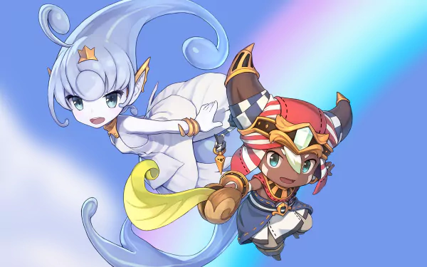 HD desktop wallpaper featuring characters from Ever Oasis against a blue sky background.