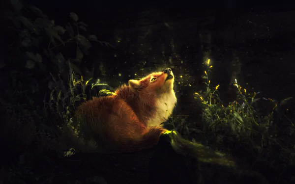 A fantasy-themed HD desktop wallpaper featuring a fox basking in a magical, glowing light in a lush, dark forest background.