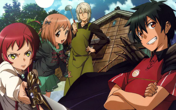 HD anime wallpaper featuring Emi Yusa, Chiho Sasaki, Sadao Maou, and Shirō Ashiya from The Devil Is a Part-Timer! in a vibrant outdoor setting.