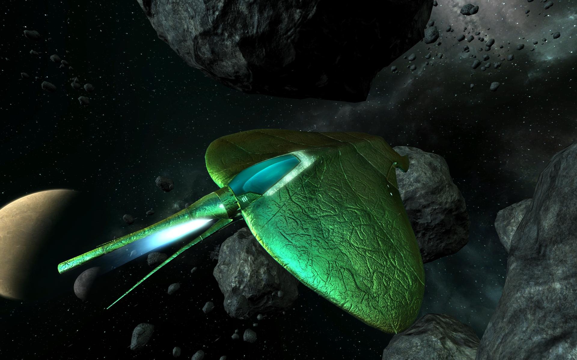 Sci-fi green spaceship with glowing blue engines gliding through an asteroid field beside a distant planet — HD PC desktop wallpaper/background.