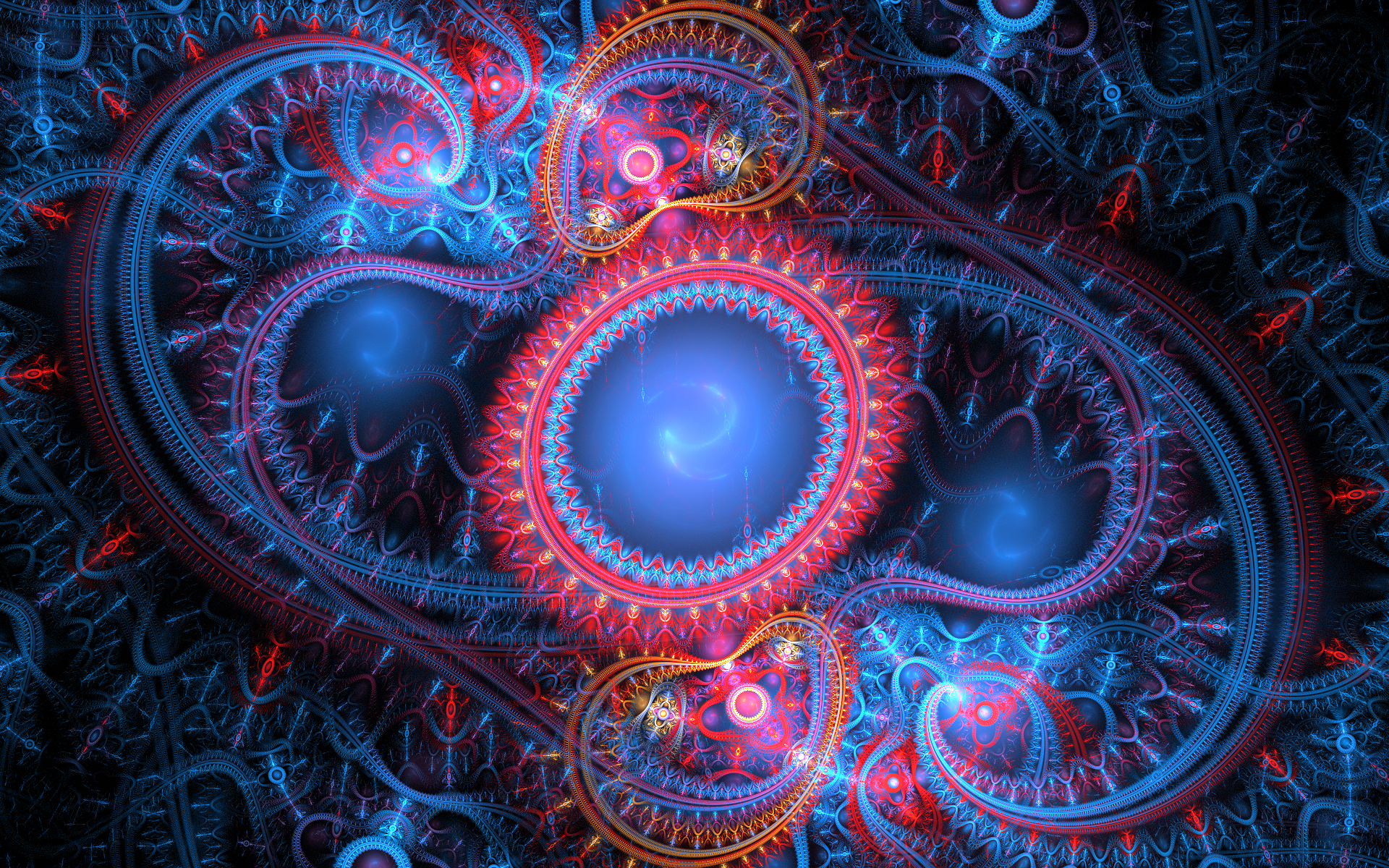 HD desktop wallpaper featuring a psychedelic, trippy abstract fractal design with vibrant pink, blue, and neon colors.