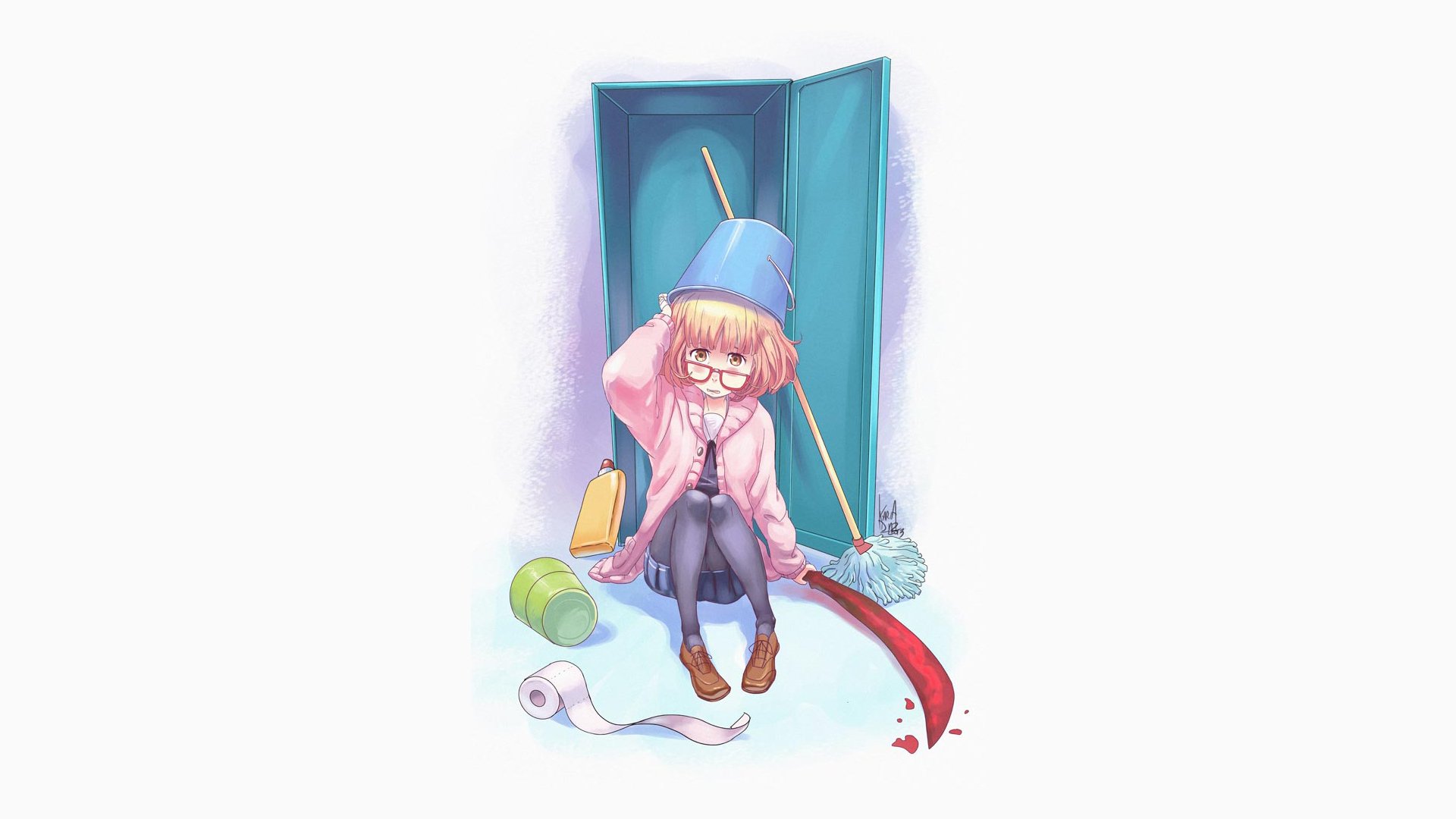 HD PC wallpaper featuring Mirai Kuriyama from the anime Beyond the Boundary, depicted sitting with a mop and bucket beside an open locker.