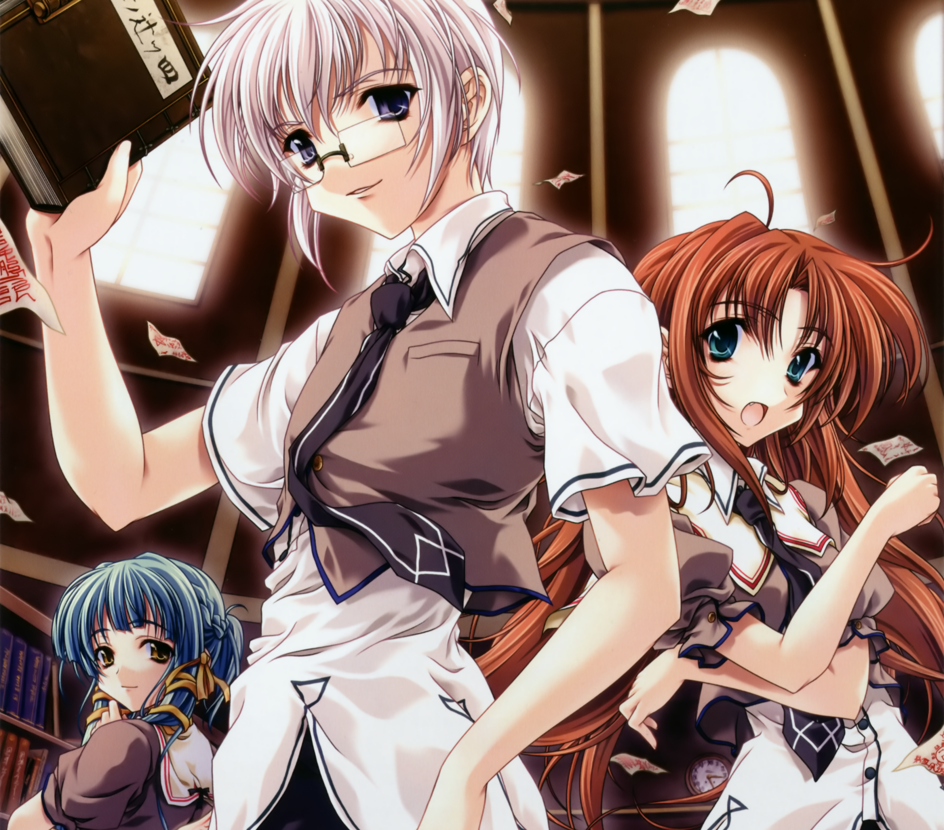 Download Ponytail Tie Yellow Eyes Blue Eyes Glasses Smile Braid Blue Hair Book Brown Hair Long Hair White Hair Short Hair Anime Original HD Wallpaper by Miyama-Zero