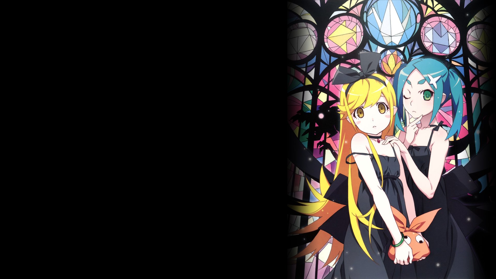 HD PC desktop wallpaper featuring Yotsugi Ononoki and Shinobu Oshino from the Monogatari anime series, with vibrant colors and a stained glass background.