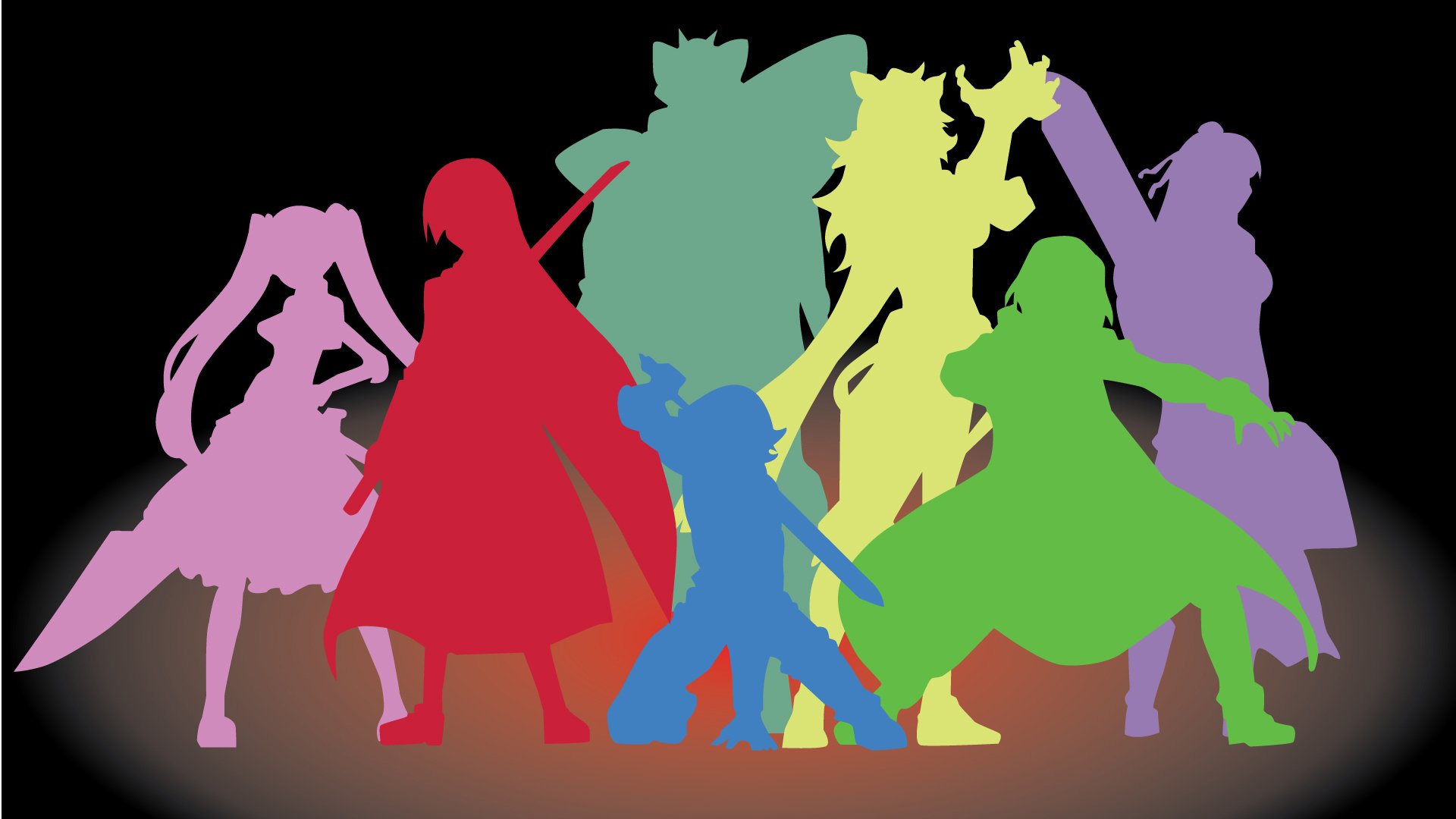 HD anime desktop wallpaper featuring colorful silhouettes of Akame ga Kill! characters against a black background.