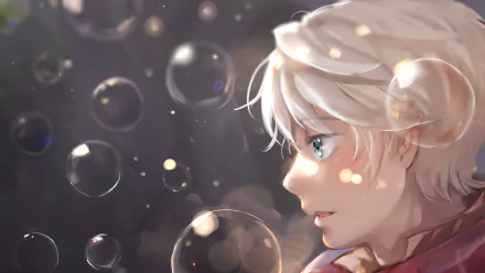 Anime HD PC desktop wallpaper/background: profile of a white-haired Aldnoah.Zero character gazing through floating translucent bubbles, soft bokeh lights and a muted gray backdrop.