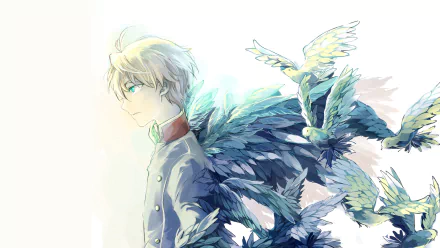 HD anime desktop wallpaper featuring a character from Aldnoah.Zero with white hair and blue feathered wings, accompanied by white birds in a bright, ethereal setting.