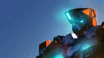 Close-up of an Aldnoah.Zero anime mecha with glowing blue eyes and orange accents, dramatic teal lighting and a starry backdrop — HD PC desktop wallpaper