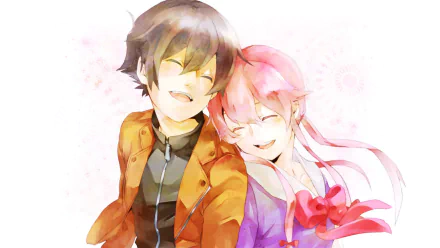 HD desktop wallpaper featuring Yukiteru Amano and Yuno Gasai from the anime Mirai Nikki, depicted smiling and embracing with a soft, pastel-colored background.