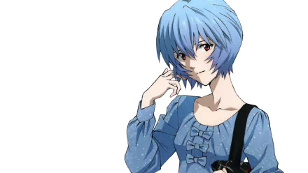HD anime desktop wallpaper featuring Rei Ayanami from Neon Genesis Evangelion, showcasing her with short blue hair and a calm expression.