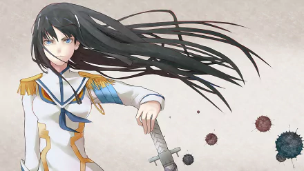 Satsuki Kiryūin from Kill La Kill anime: white-uniformed leader with flowing black hair, gripping a sword in a dynamic pose — HD PC desktop wallpaper background with ink splatter accents.