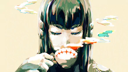 HD PC desktop wallpaper featuring Satsuki Kiryūin from the anime Kill La Kill, depicted with closed eyes and colorful smoke emanating from her mouth.