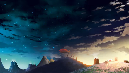 HD desktop wallpaper and background featuring a serene night and day sky from the anime Tengen Toppa Gurren Lagann, with iconic elements and a peaceful landscape.