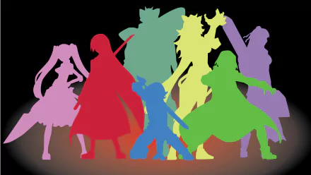 HD anime desktop wallpaper featuring colorful silhouettes of Akame ga Kill! characters against a black background.