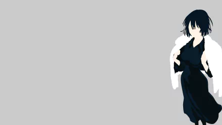 HD PC desktop wallpaper featuring Fubuki from the anime One-Punch Man, depicted with dark hair and a black outfit against a plain gray background.