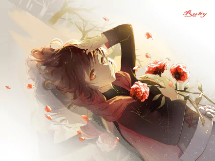 HD desktop wallpaper featuring Ruby Rose from the anime RWBY, depicted in an artistic pose surrounded by red roses, with soft lighting and petals scattered around.
