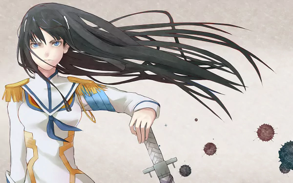 Satsuki Kiryūin from Kill La Kill anime: white-uniformed leader with flowing black hair, gripping a sword in a dynamic pose — HD PC desktop wallpaper background with ink splatter accents.