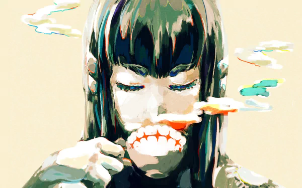 HD PC desktop wallpaper featuring Satsuki Kiryūin from the anime Kill La Kill, depicted with closed eyes and colorful smoke emanating from her mouth.