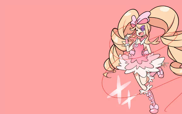Anime HD PC desktop wallpaper/background: Nui Harime (Kill La Kill) in a frilly pink dress with oversized curled twin-tails, striking a playful pose on a solid pastel pink background.