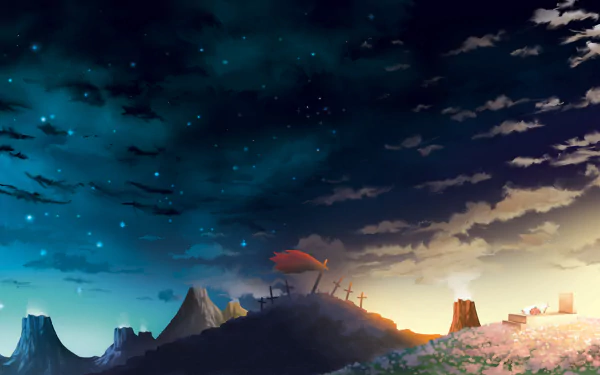 HD desktop wallpaper and background featuring a serene night and day sky from the anime Tengen Toppa Gurren Lagann, with iconic elements and a peaceful landscape.