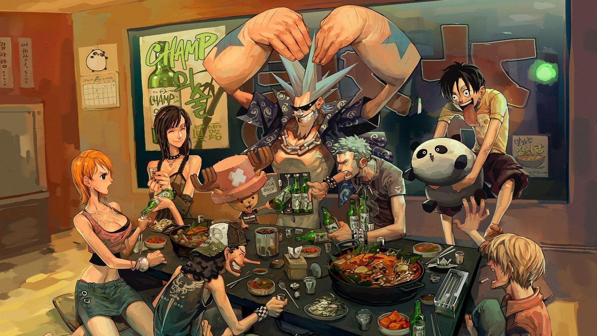 A vibrant 4K Ultra HD anime wallpaper featuring characters from One Piece gathered around a table, enjoying food and drinks in a lively setting.