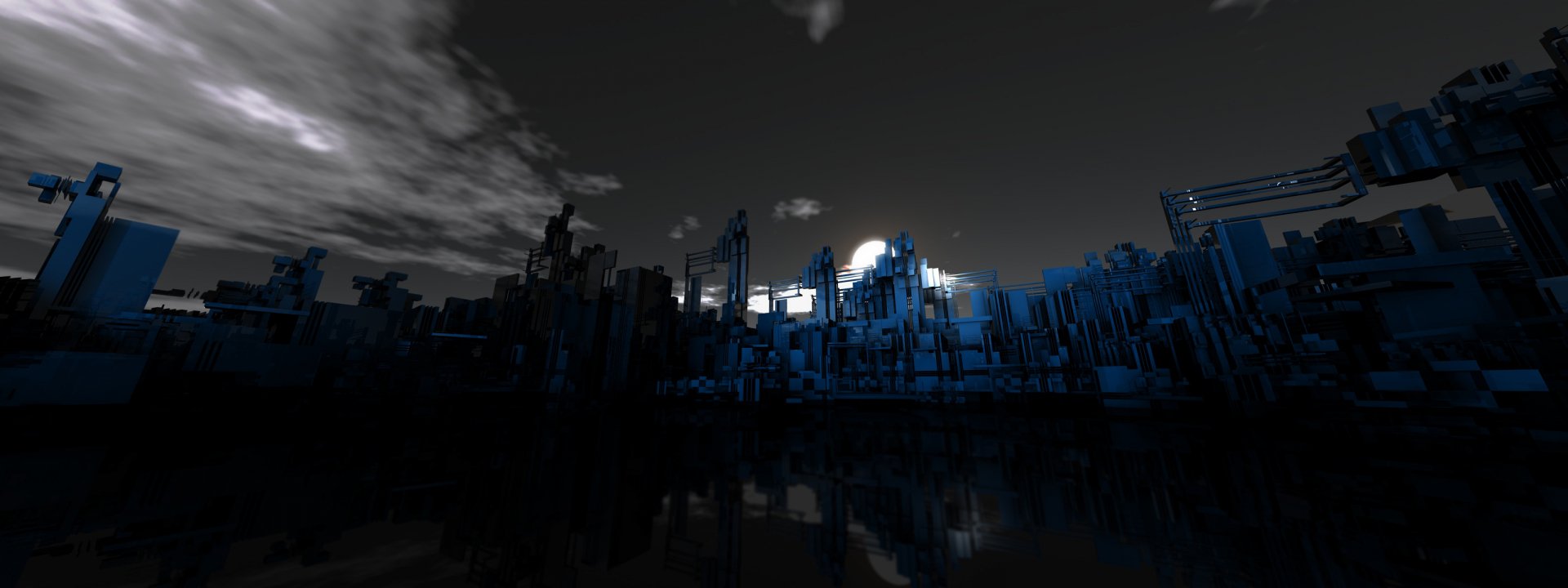 An abstract blue landscape features intricate geometric forms against a dark background, creating a striking HD PC desktop wallpaper and background.