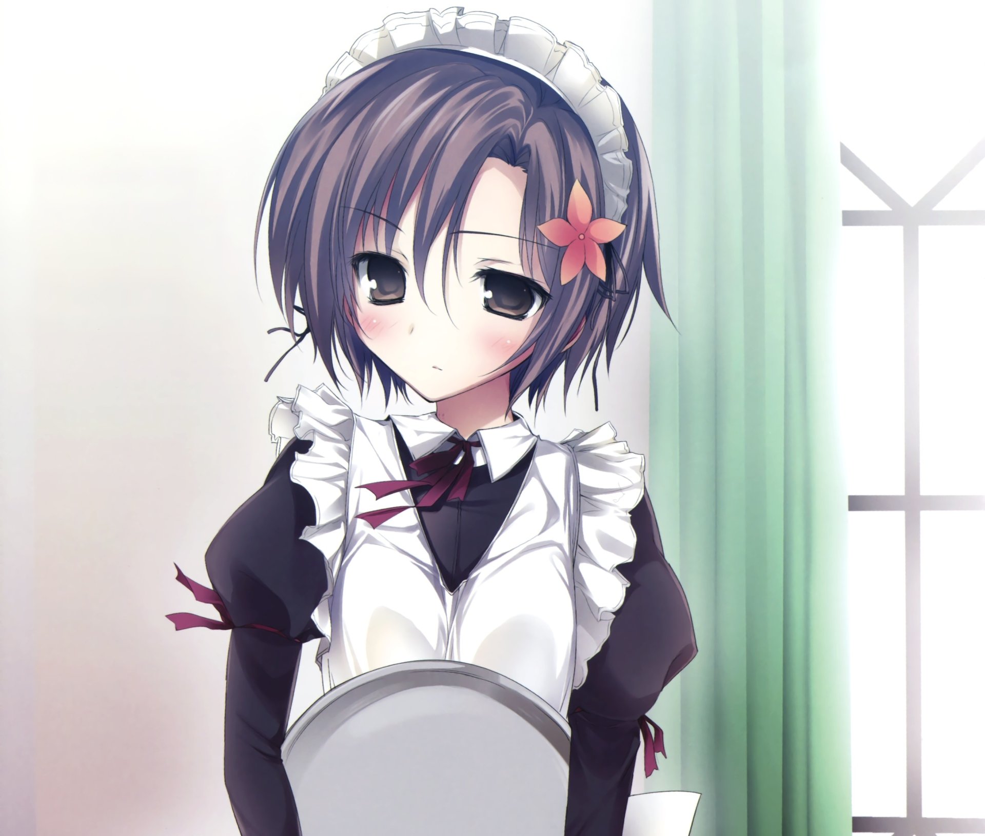HD PC desktop wallpaper featuring Yukimura Kusunoki from the anime Boku Wa Tomodachi Ga Sukunai, depicted in a maid outfit with a soft, pastel background.