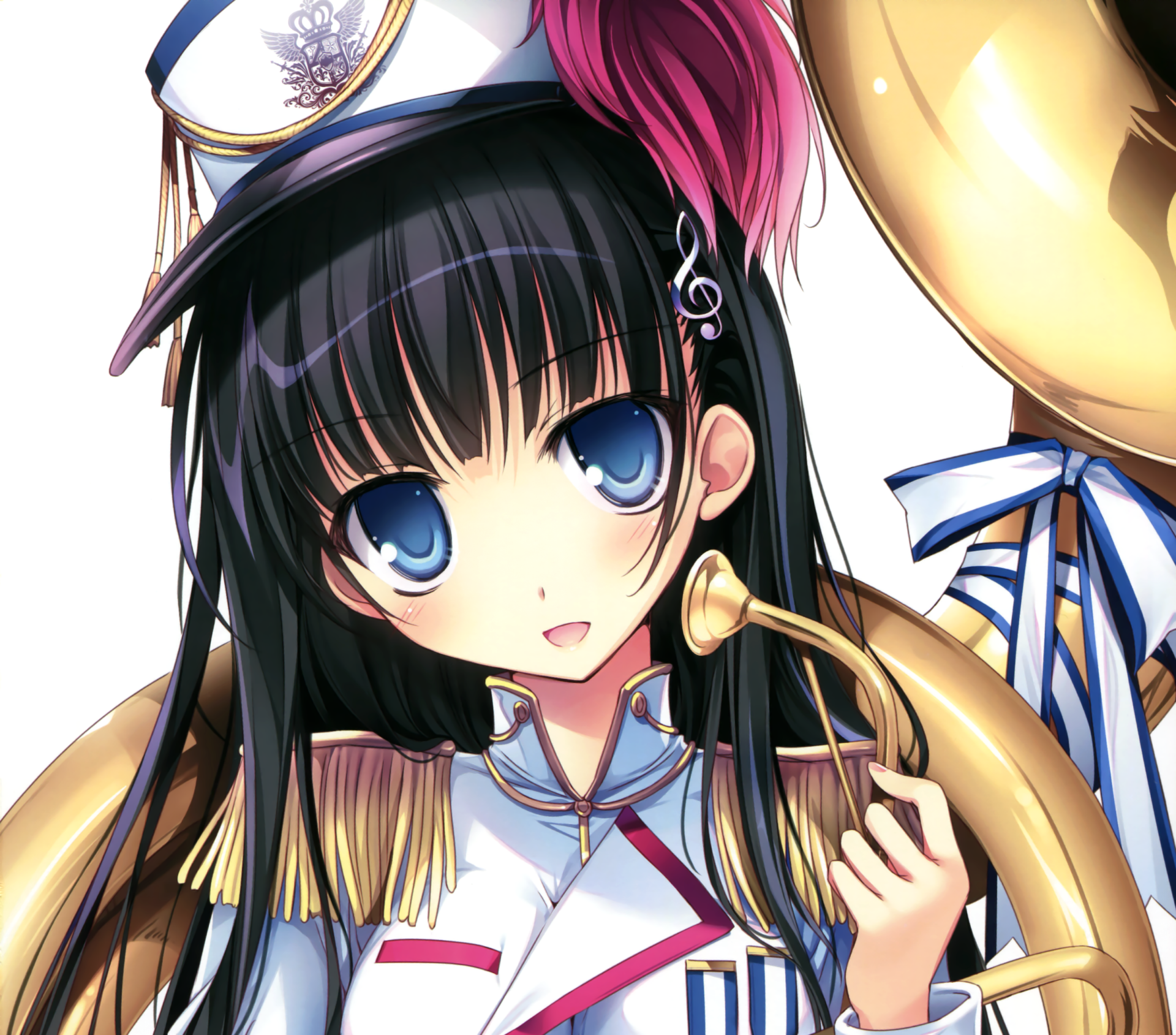 HD PC desktop wallpaper of an anime girl with long black hair, blue eyes and a blush, smiling in a hat and music band uniform while holding a trumpet.