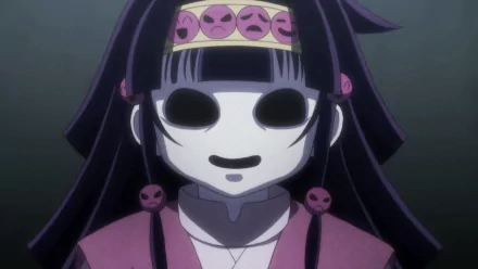 HD anime desktop wallpaper featuring Alluka Zoldyck from Hunter x Hunter with her signature blank-eyed mask and dark hair against a muted background.