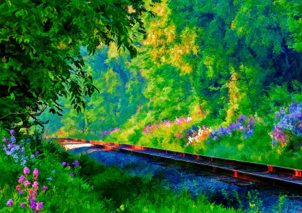 A colorful painting depicting a spring scene with vibrant flowers and grass by a railroad, set against a lush, green backdrop. Ideal HD desktop wallpaper and background.