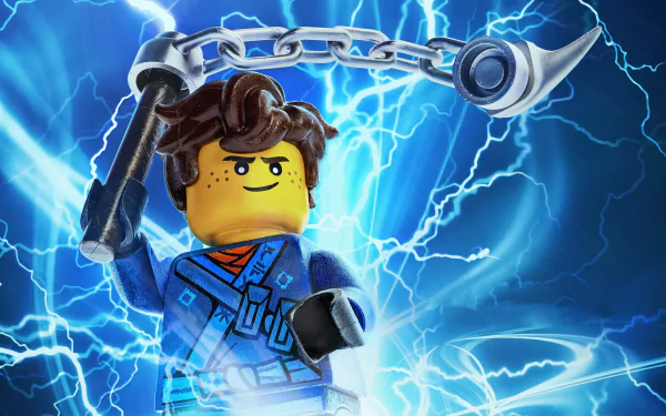 HD desktop wallpaper featuring Jay Walker from The Lego Ninjago Movie, set against a dramatic backdrop of lightning bolts. Jay is depicted in his blue ninja outfit, wielding a chain weapon.