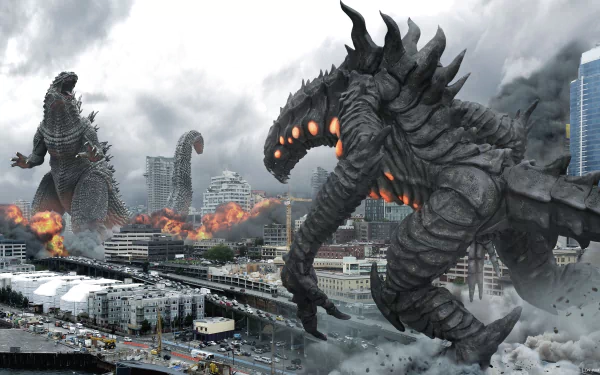 HD desktop wallpaper of a city under attack by two colossal monsters, including Godzilla, amidst chaos and destruction from a cinematic battle scene.