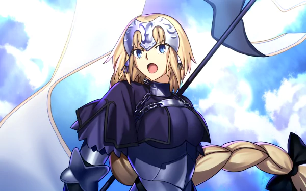 HD PC desktop wallpaper featuring Ruler from Fate/Apocrypha in detailed anime style, holding a flag against a bright sky background.