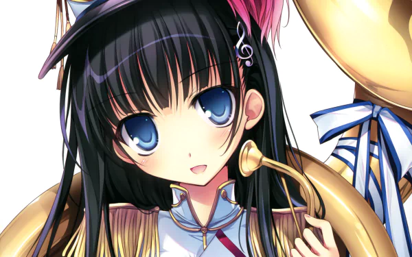HD PC desktop wallpaper of an anime girl with long black hair, blue eyes and a blush, smiling in a hat and music band uniform while holding a trumpet.
